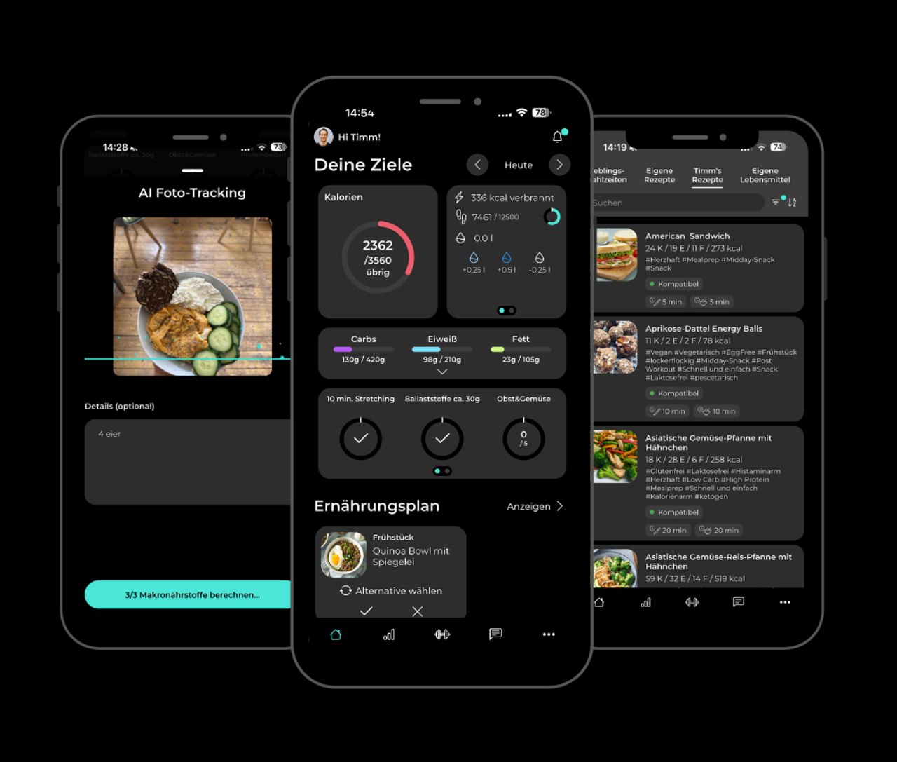 Drei Ansichten der Coaching-App: Training, Ernährung und Fortschritt